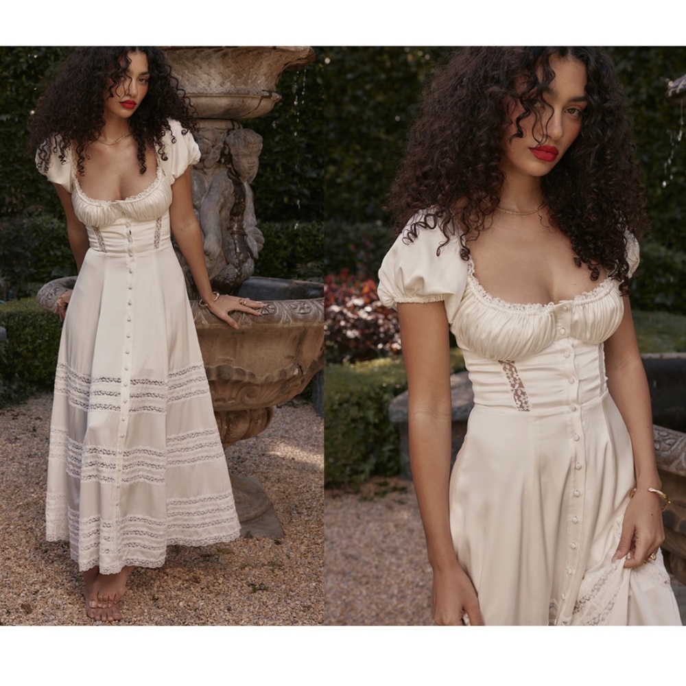 HOUSE OF CB XS D-DD 'Eviana' Ivory Real Silk Puff Sleeve Maxi Dress white NWOT - Picture 1 of 14